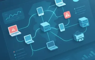 Illustration of network visibility dashboard showing business devices, data traffic, and alert status.