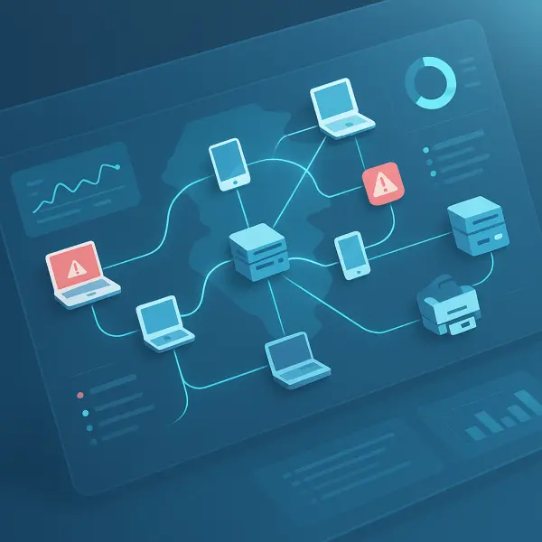 Illustration of network visibility dashboard showing business devices, data traffic, and alert status.