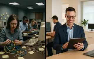 Split view of unmanaged vs. professionally managed IT environment showing business growth with less stress.