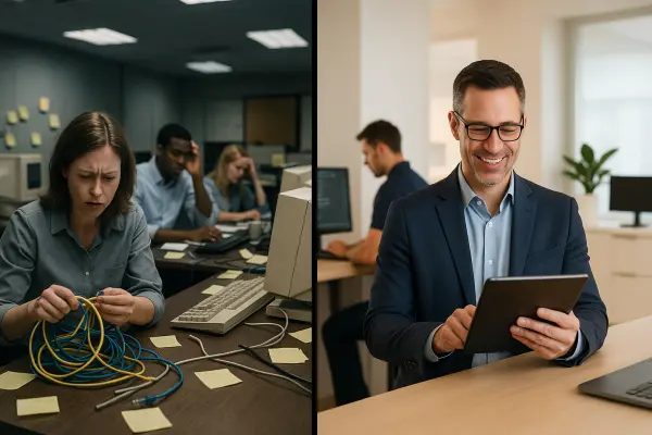 Split view of unmanaged vs. professionally managed IT environment showing business growth with less stress.