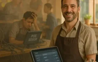 Small café owner with updated POS system and clean network setup after resolving IT challenges.