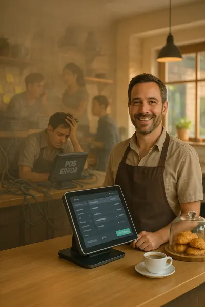 Small café owner with updated POS system and clean network setup after resolving IT challenges.