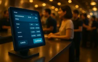 Restaurant staff using POS system efficiently during a busy rush with no delays.