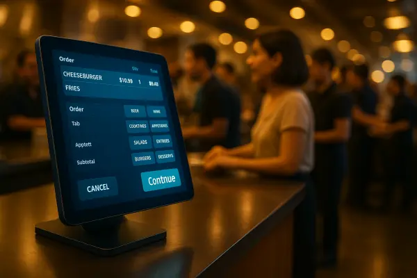 Restaurant staff using POS system efficiently during a busy rush with no delays.