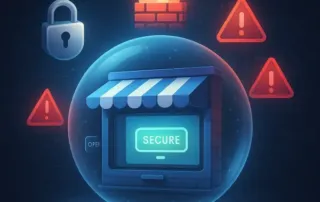 Small business website protected by digital security tools including a lock, firewall, and malware scanner.