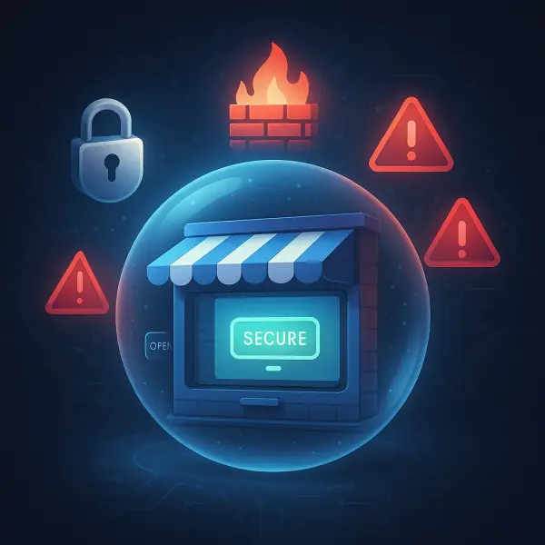 Small business website protected by digital security tools including a lock, firewall, and malware scanner.