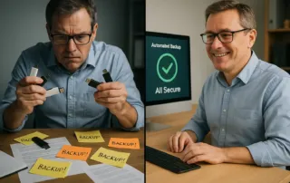 Comparison of manual data backups with automated backup software for small business security.