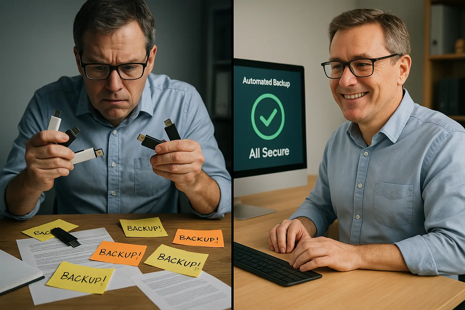 Comparison of manual data backups with automated backup software for small business security.