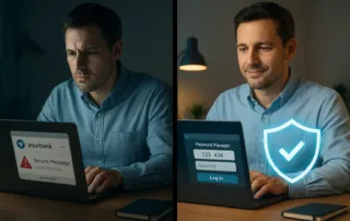 Illustration showing employee cybersecurity risks versus best practices like MFA and training.