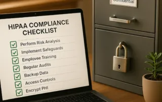 Small business office with HIPAA compliance checklist and secure data storage.