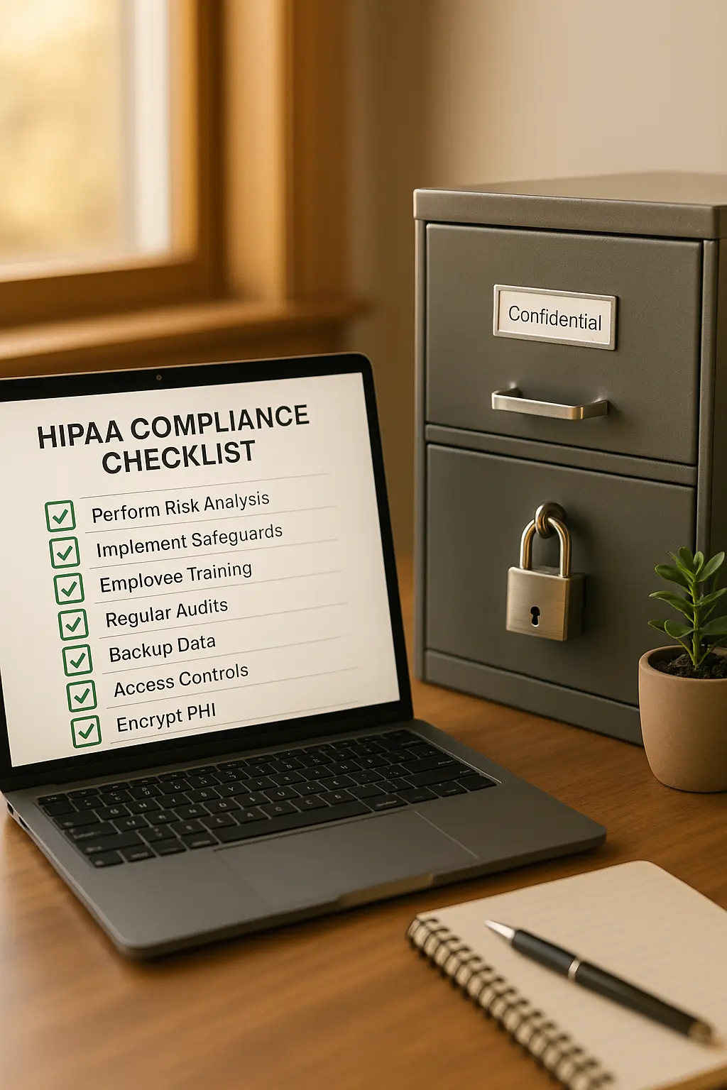 Small business office with HIPAA compliance checklist and secure data storage.