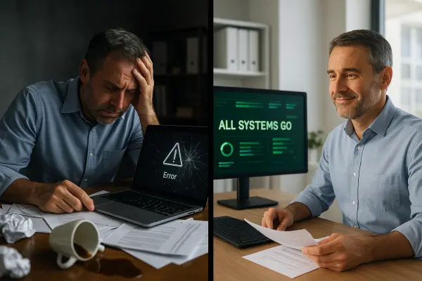 Reactive vs proactive IT support cost comparison; downtime vs reliable systems.